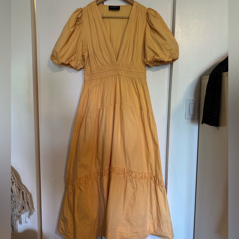 MINKPINK Yellow Pleated Puff Sleeve Sundress